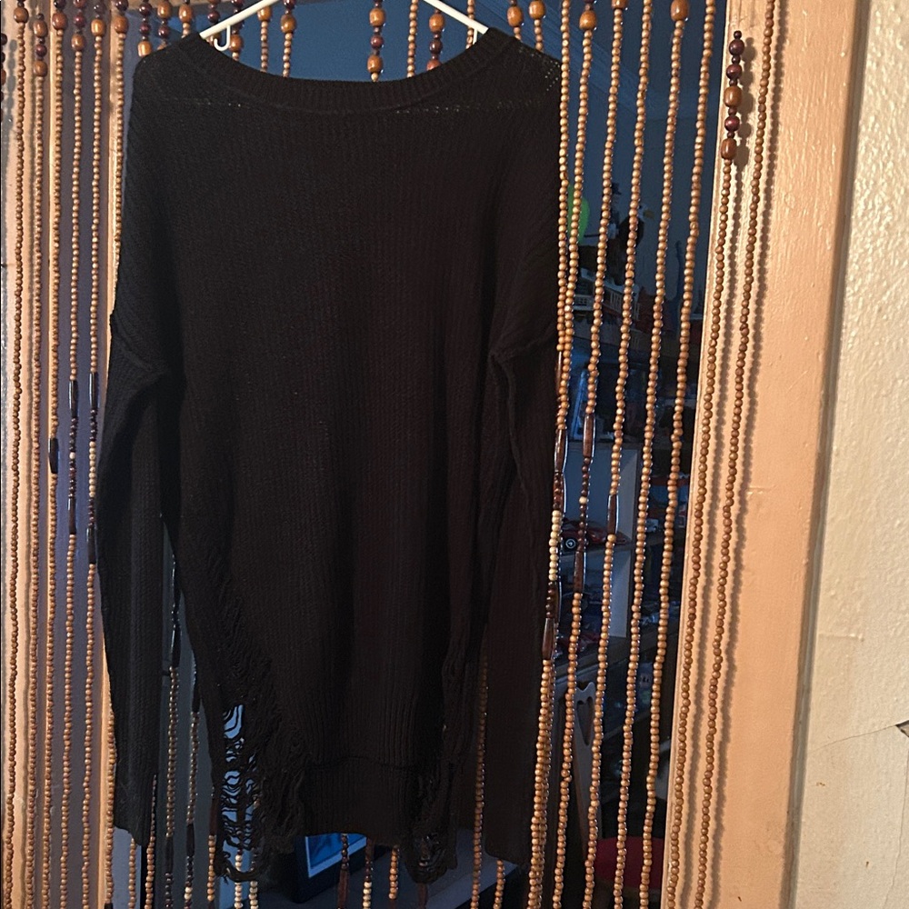 Black Knit Sweater with Fringe Detail